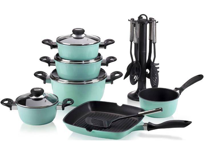 Topf-Set KRÜGER Aluguss Topf- und Pfannenset inkl. praktischen Küchenhelfern, 17 tlg. , grün (mint), Töpfe, inkl. 7-tlg. Küchenhelfer-Set von BAUR