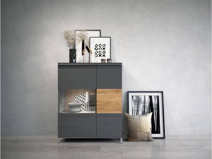 Vitrine PLACES OF STYLE Onyx , grau (anthrazit, walnussfarben hochglanz), B:93,2cm H:116,3cm T:40cm, Spanplatte, Schränke, mit Soft-Close-Funktion von BAUR