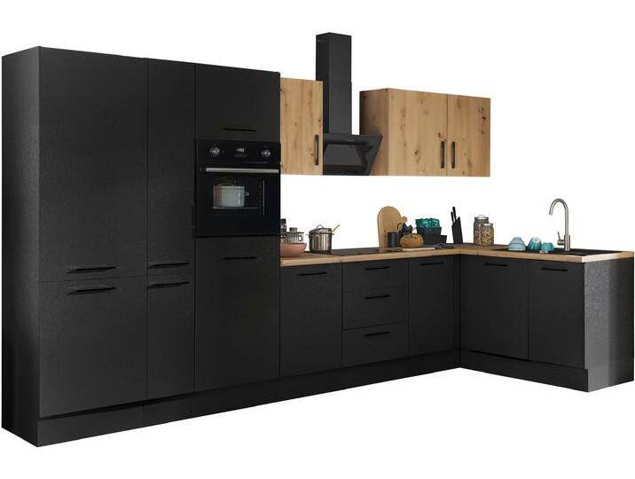 Winkelküche BASIC BY BALCULINA Turin , schwarz (küche: schwarz, korpus: schwarz matt woodprint, arbeitsplatte: artisan eichefarben), B:370cm H:211cm T:60cm, Komplettküchen-Sets, Küchenzeile, Stellbreite 370x175 cm, wahlweise mit E-Geräten von BAUR