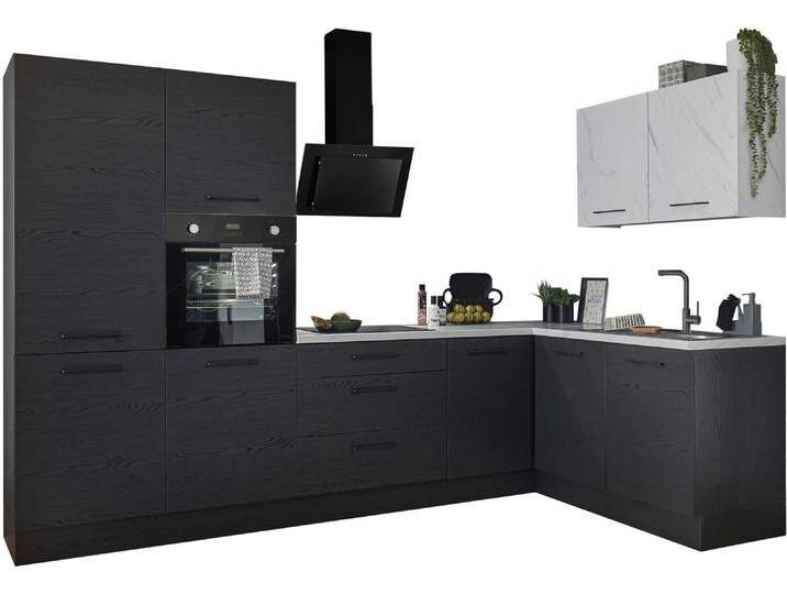 Winkelküche BASIC BY BALCULINA Yorki , schwarz (front: grafit schwarz, korpus: grafit schwarz, arbeitsplatte: marmor hell), B:320cm H:91cm T:60cm, Komplettküchen-Sets, Stellmaße B/T 320x175/60 cm, wahlweise mit E-Geräten von BAUR