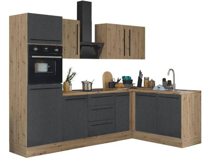 Winkelküche KOCHSTATION Florida, Stellbreite 270x165 cm , schwarz (front: schwarz matt, artisan, korpus: artisan eiche, arbeitsplatte: artisan eiche), B:270cm H:211cm T:60cm, Komplettküchen-Sets, wahlweise mit E-Geräten, mit Softclose für Türen und Schubkästen von BAUR