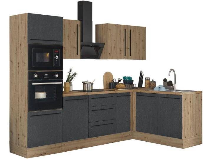 Winkelküche KOCHSTATION Florida, Stellbreite 270x165 cm , schwarz (front: schwarz matt, artisan, korpus: artisan eiche, arbeitsplatte: artisan eiche), B:270cm H:211cm T:60cm, Komplettküchen-Sets, wahlweise mit E-Geräten, mit Softclose für Türen und Schubkästen von BAUR