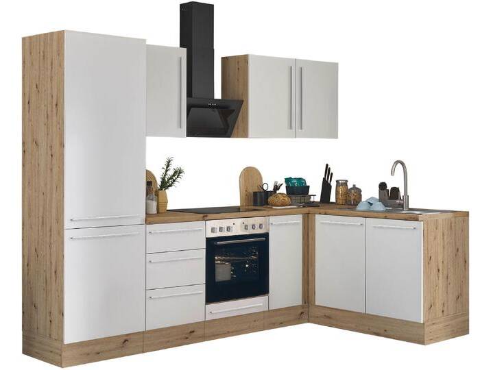 Winkelküche KOCHSTATION Florida, Stellbreite 270x165 cm , weiß (front: weiß matt, korpus: artisan eiche, arbeitsplatte: artisan eiche), B:270cm H:211cm T:60cm, Komplettküchen-Sets, wahlweise mit E-Geräten, mit Softclose für Türen und Schubkästen von BAUR