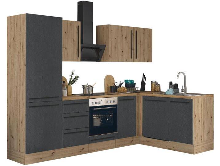 Winkelküche KOCHSTATION Florida, Stellbreite 280x165 cm , schwarz (front: schwarz matt, artisan, korpus: artisan eiche, arbeitsplatte: artisan eiche), B:280cm H:211cm T:60cm, Komplettküchen-Sets, wahlweise mit E-Geräten, mit Softclose für Türen und Schubkästen von BAUR