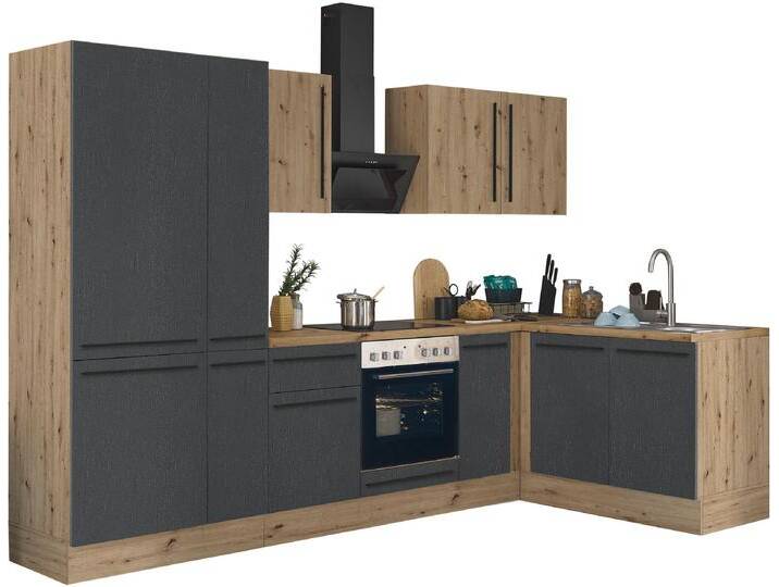 Winkelküche KOCHSTATION Florida, Stellbreite 300x165 cm , schwarz (front: schwarz matt, artisan, korpus: artisan eiche, arbeitsplatte: artisan eiche), B:300cm H:211cm T:60cm, Komplettküchen-Sets, wahlweise mit E-Geräten, mit Softclose für Türen und Schubkästen von BAUR