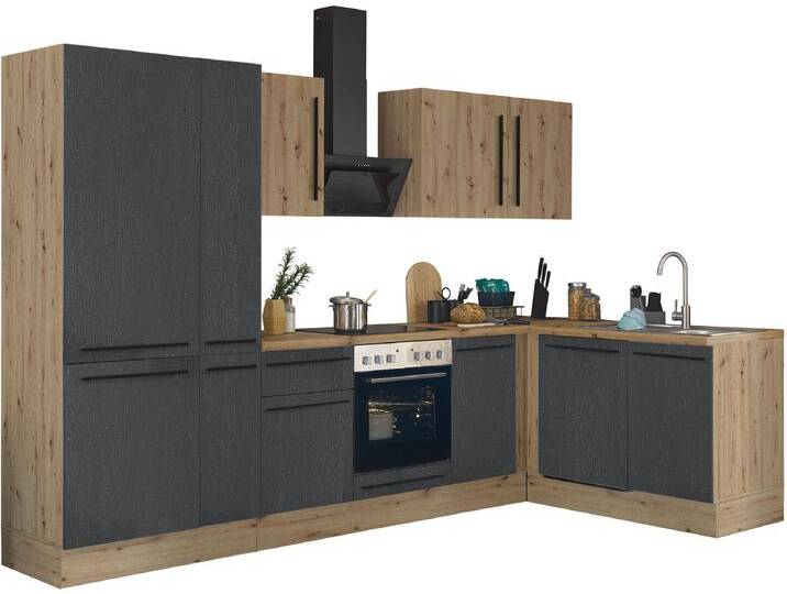 Winkelküche KOCHSTATION Florida, Stellbreite 310x175 cm , schwarz (front: schwarz matt, artisan, korpus: artisan eiche, arbeitsplatte: artisan eiche), B:310cm H:211cm T:60cm, Komplettküchen-Sets, wahlweise mit E-Geräten, mit Softclose für Türen und Schubkästen von BAUR