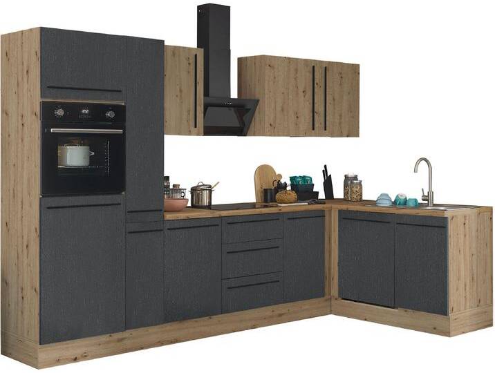 Winkelküche KOCHSTATION Florida, Stellbreite 310x175 cm , schwarz (front: schwarz matt, artisan, korpus: artisan eiche, arbeitsplatte: artisan eiche), B:310cm H:211cm T:60cm, Komplettküchen-Sets, wahlweise mit E-Geräten, mit Softclose für Türen und Schubkästen von BAUR