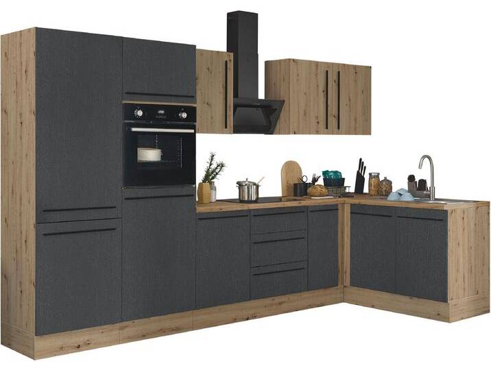 Winkelküche KOCHSTATION Florida, Stellbreite 330x165 cm , schwarz (front: schwarz matt, artisan, korpus: artisan eiche, arbeitsplatte: artisan eiche), B:330cm H:211cm T:60cm, Komplettküchen-Sets, wahlweise mit E-Geräten, mit Softclose für Türen und Schubkästen von BAUR