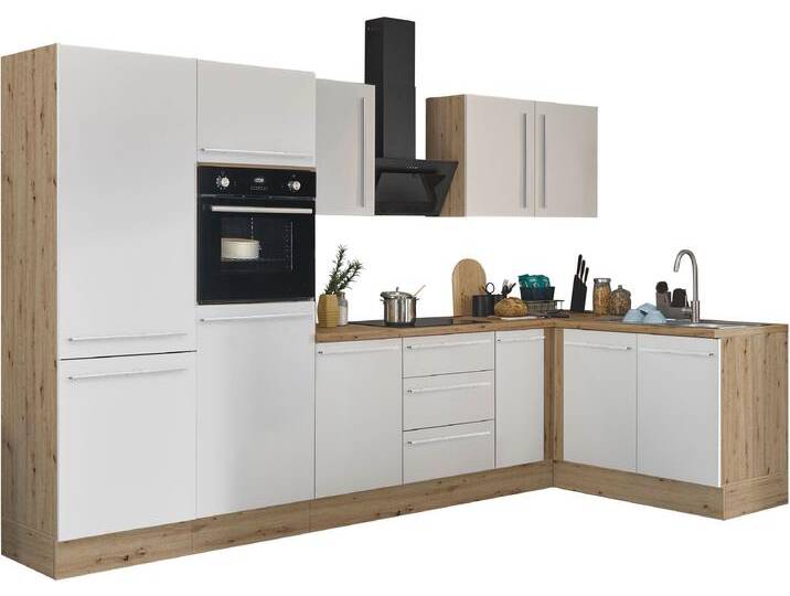 Winkelküche KOCHSTATION Florida, Stellbreite 330x165 cm , weiß (front: weiß matt, korpus: artisan eiche, arbeitsplatte: artisan eiche), B:330cm H:211cm T:60cm, Komplettküchen-Sets, wahlweise mit E-Geräten, mit Softclose für Türen und Schubkästen von BAUR
