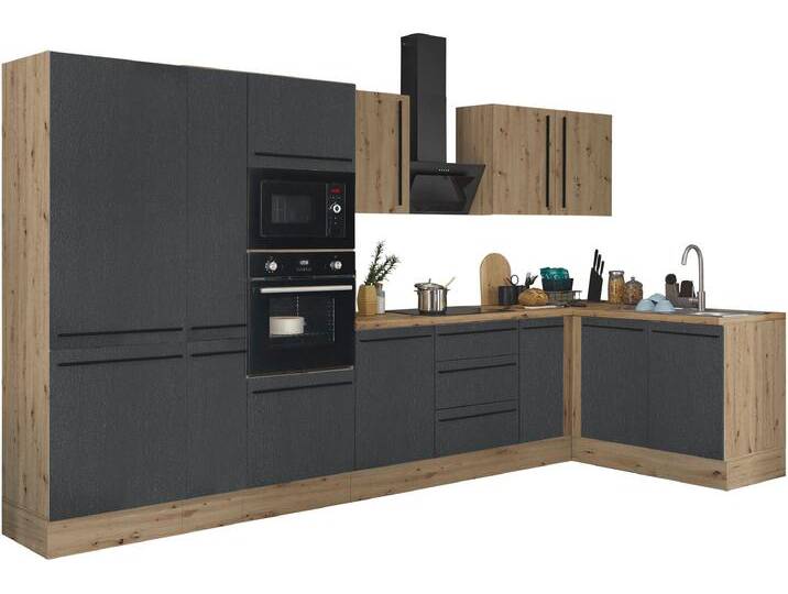 Winkelküche KOCHSTATION Florida, Stellbreite 360x165 cm , schwarz (front: schwarz matt, artisan, korpus: artisan eiche, arbeitsplatte: artisan eiche), B:360cm H:211cm T:60cm, Komplettküchen-Sets, wahlweise mit E-Geräten, mit Softclose für Türen und Schubkästen von BAUR
