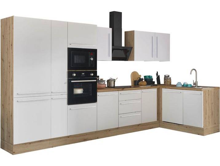 Winkelküche KOCHSTATION Florida, Stellbreite 370x175 cm , weiß (front: weiß matt, korpus: artisan eiche, arbeitsplatte: artisan eiche), B:370cm H:211cm T:60cm, Komplettküchen-Sets, wahlweise mit E-Geräten, mit Softclose für Türen und Schubkästen von BAUR