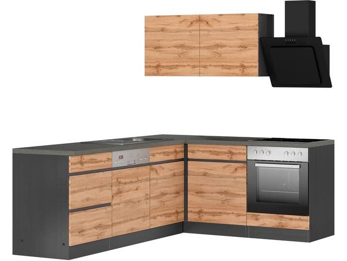 Winkelküche KOCHSTATION KS-Riesa , grau (front: wotaneichefarben, korpus: grafitgrau, arbeitsplatte: betongrau), B:240cm H:200cm T:60cm, Komplettküchen-Sets, Stellbreite 240x180 cm, wahlweise mit oder ohne E-Geräte, Topseller von BAUR