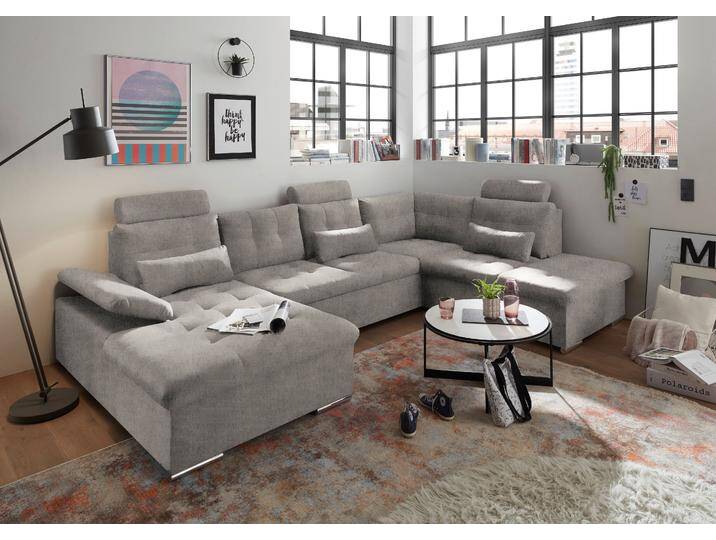 Wohnlandschaft ED EXCITING DESIGN Jakarta U-Form mit Bettfunktion, Bettkasten , grau (grau, beige), B:324cm H:107cm T:218cm, 92% Polyester, 8% Nylon, Sofas, Armteilverstellung, Kopfstützen & 3 Nierenkissen von BAUR
