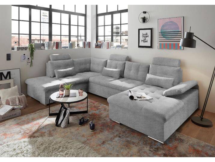 Wohnlandschaft ED EXCITING DESIGN Jakarta U-Form mit Bettfunktion, Bettkasten , grau (hellgrau), B:324cm H:107cm T:218cm, 92% Polyester, 8% Nylon, Sofas, Armteilverstellung, Kopfstützen & 3 Nierenkissen von BAUR