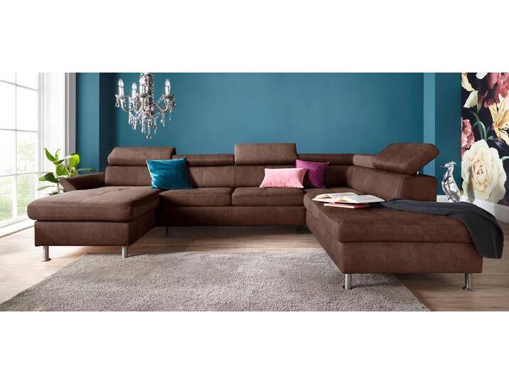 Wohnlandschaft EXXPO - SOFA FASHION Maretto, bequem und komfortabel, aufwendige Sitzsteppung, U-Form , braun (schoko), B:330cm H:96cm T:230cm, Luxus-Microfaser Vintageoptik (100% Polyester), Webstoff, Sofas, inkl. Kopfteilverstellung für mehr Sitzkomfort, wahlweise Bettfunktion von BAUR