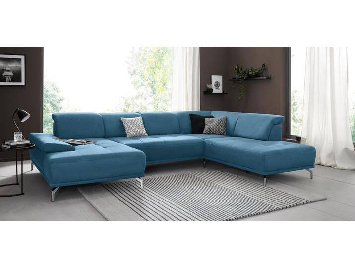 Wohnlandschaft PLACES OF STYLE Caluna , blau (azur), B:334cm H:81cm T:235cm, Flachgewebe Mura: (100% Polyester), Luxus-Microfaser Vintageoptik (100% Polyester), Luxus-Mikrofaser (90% Polyester, 10% Polyamid), Sofas, Inkl.Sitztiefenverstellung, wahlweise mit Kopf- und Armteilverstellung von BAUR