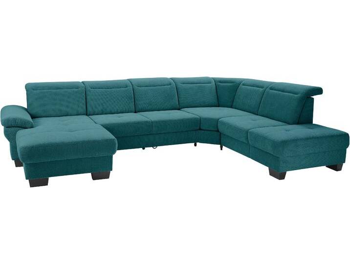 Wohnlandschaft PLACES OF STYLE Cornwall U-Form , blau (petrol), B:360cm H:84cm T:253cm, Struktur fein (100% Polyester), Luxus-Microfaser weich (90% Polyester, 10% Polyamid), Sofas, inkl. Sitztiefenverstellung, wahlweise mit Bettfunktion von BAUR