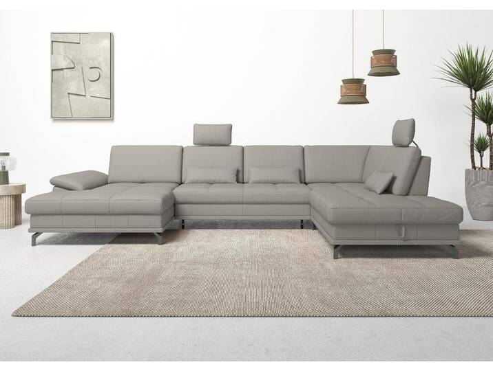 Wohnlandschaft PLACES OF STYLE Costello U-Form, mit Sitztiefenverstellung, Armteilverstellung und , grau (hellgrau), B:363cm H:89cm T:223cm, Luxus-Microfaser (90% Polyester, 10% Polyamid), Samtoptik (100% Polyester), Sofas, 3 Nierenkissen, optional Bettfunktion und Bettkasten von BAUR