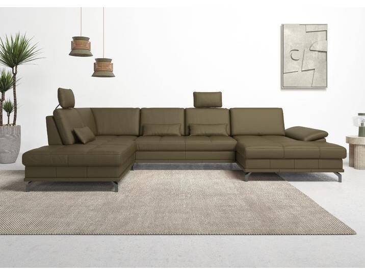Wohnlandschaft PLACES OF STYLE Costello U-Form, mit Sitztiefenverstellung, Armteilverstellung und , grün (olive), B:363cm H:89cm T:223cm, Luxus-Microfaser (90% Polyester, 10% Polyamid), Samtoptik (100% Polyester), Sofas, 3 Nierenkissen, optional Bettfunktion und Bettkasten von BAUR