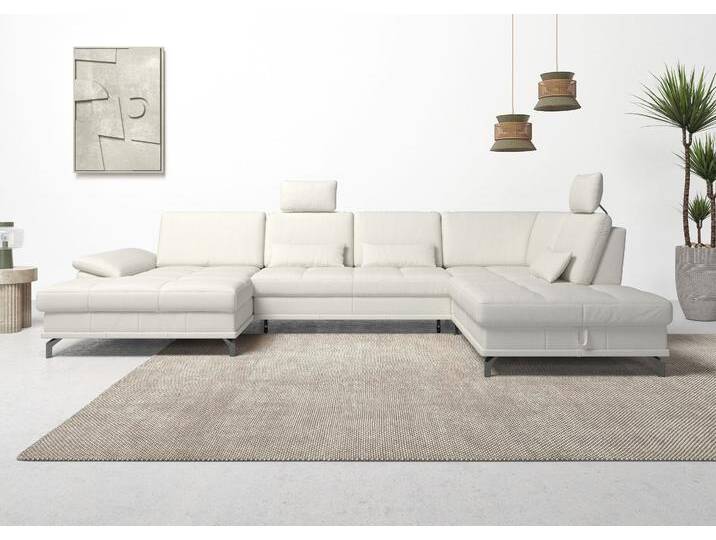 Wohnlandschaft PLACES OF STYLE Costello U-Form, mit Sitztiefenverstellung, Armteilverstellung und , weiß (altweiß), B:363cm H:89cm T:223cm, Luxus-Microfaser (90% Polyester, 10% Polyamid), Samtoptik (100% Polyester), Sofas, 3 Nierenkissen, optional Bettfunktion und Bettkasten von BAUR