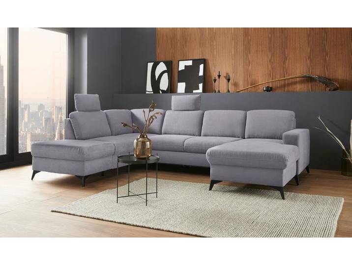 Wohnlandschaft PLACES OF STYLE Lolland U-Form , grau, B:303cm H:88cm T:212cm, Struktur imprägniert - feucht abwischbar (100% Polyester), Struktur Flausch (90% Polyester, 10% Polyamid), Luxus-Microfaser ALTARA NUBUCK (100% Polyester), Sofas, Wahlweise mit Bettfunktion und Stauraum, auch mit abwischbarem Bezug von BAUR