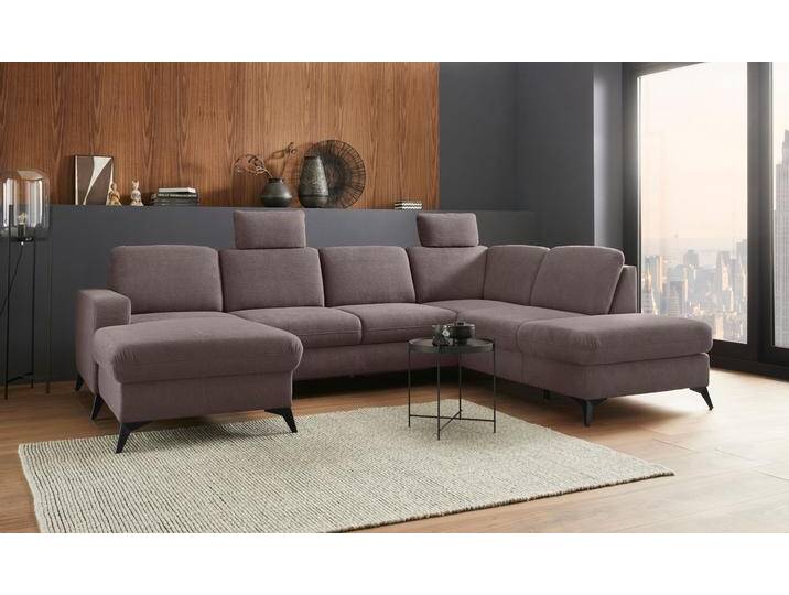 Wohnlandschaft PLACES OF STYLE Lolland U-Form , grau (taupe), B:303cm H:88cm T:212cm, Struktur imprägniert - feucht abwischbar (100% Polyester), Struktur Flausch (90% Polyester, 10% Polyamid), Luxus-Microfaser ALTARA NUBUCK (100% Polyester), Sofas, Wahlweise mit Bettfunktion und Stauraum, auch mit abwischbarem Bezug von BAUR