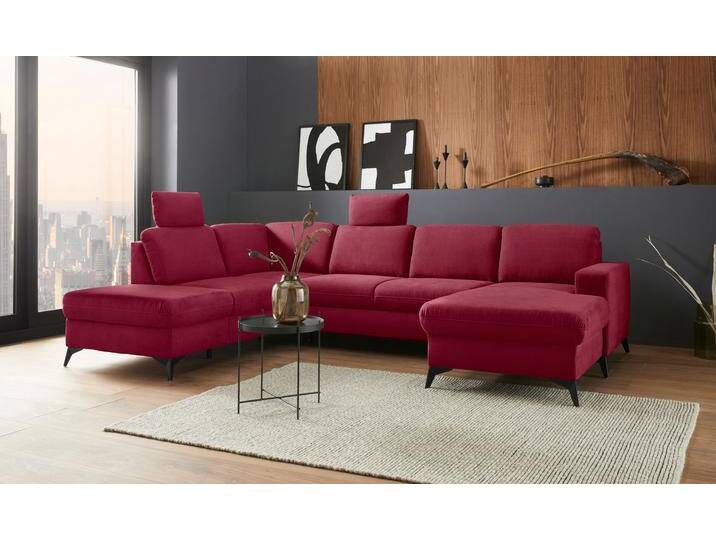 Wohnlandschaft PLACES OF STYLE Lolland U-Form , rot (bordeaux), B:303cm H:88cm T:212cm, Struktur imprägniert - feucht abwischbar (100% Polyester), Struktur Flausch (90% Polyester, 10% Polyamid), Luxus-Microfaser ALTARA NUBUCK (100% Polyester), Sofas, Wahlweise mit Bettfunktion und Stauraum, auch mit abwischbarem Bezug von BAUR