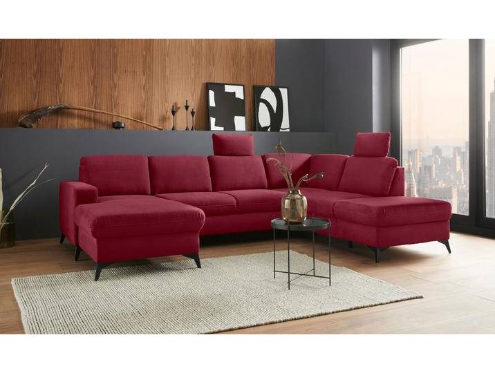 Wohnlandschaft PLACES OF STYLE Lolland U-Form , rot (bordeaux), B:303cm H:88cm T:212cm, Struktur imprägniert - feucht abwischbar (100% Polyester), Struktur Flausch (90% Polyester, 10% Polyamid), Luxus-Microfaser ALTARA NUBUCK (100% Polyester), Sofas, Wahlweise mit Bettfunktion und Stauraum, auch mit abwischbarem Bezug von BAUR