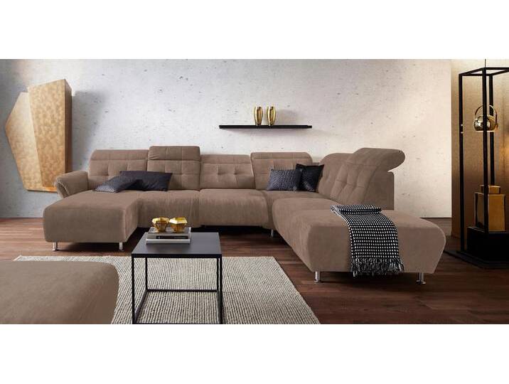 Wohnlandschaft PLACES OF STYLE Manhattan U-Form , braun (nougat), B:345cm H:102cm T:247cm, Luxus Microfaser2 (90% Polyester, 10% Polyamid), Flachgewebe (100% Polyester), Luxus-Microfaser1 (100% Polyester), Sofas, 2 Sitze mit elektrischer Relaxfunktion, verstellbare Armlehnen von BAUR