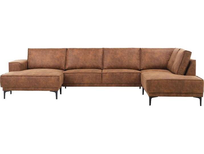 Wohnlandschaft PLACES OF STYLE XXL Sofa Oland, Struktur, Flachgewebe, Luxus-Microfaser, Boucle , braun (cognac), B:345cm H:85cm T:210cm, Struktur weich (100% Polyester);Luxus-Microfaser (100% Polyester);Webstoff (100% Polyester), Sofas, U-Form, 345 cm, Wellenunterfederung, Skandi-Design, Metallfüße von BAUR
