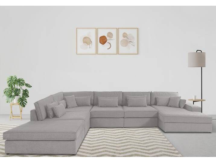 Wohnlandschaft RAUM.ID Enid U-Form , grau (hellgrau), B:460cm H:75cm, Baumwollmix (60% Baumwolle/40% Leinen), Struktur fein (100% Polyester), Samtoptik (100% Polyester), Samtvelours (100% Polyester), Struktur (100% Polyester), Struktur recycelt (100% recyceltes Polyester), Sofas, 6 Teile, bestehend aus Modulen, in vielen Bezügen, auch in Breitcord von BAUR
