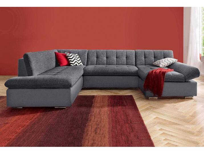 Wohnlandschaft TRENDMANUFAKTUR Reggae modern und bequem, aktueller Materialmix, U-Form , grau (anthrazit, anthrazit), B:298cm H:78cm T:94cm, Zierkissen: 77% Polyester; 23% Polyacryl, Luxus-Microfaser ALCAZAR (100% Polyester) / Struktur ( 77% Polyester; 23% Polyacryl ), Kunstleder SOFTLUX / Struktur ( 77% Polyester; 23% Polyacryl ), Microfaser PRIMABELLE (100% Polyester) / Struktur ( 77% Polyester; 23% Polyacryl ), Sofas, inkl. verstellbare Armlehne, wahlweise mit Bettfunktion von BAUR