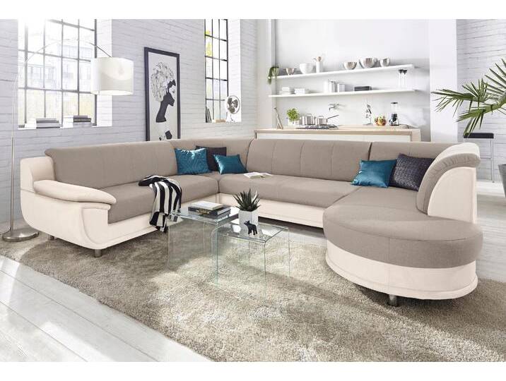 Wohnlandschaft TRENDMANUFAKTUR Rondo 3, zeitlos und modern, im Materialmix, U-Form , beige (beige, tan), B:320cm H:85cm T:94cm, Kunstleder SOFTLUX / Struktur (77% Polyester; 23% Polyacryl);Luxus-Microfaser ALCAZAR (100% Polyester) / Feinstruktur (100% Polyester), Sofas, wahlweise für mehr Komfort mit Federkern, wahlweise mit Bettfunktion von BAUR