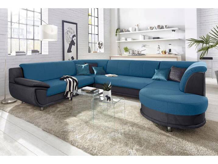 Wohnlandschaft TRENDMANUFAKTUR Rondo 3, zeitlos und modern, im Materialmix, U-Form , schwarz (schwarz, petrol), B:320cm H:85cm T:94cm, Kunstleder SOFTLUX / Struktur (77% Polyester; 23% Polyacryl);Luxus-Microfaser ALCAZAR (100% Polyester) / Feinstruktur (100% Polyester), Sofas, wahlweise für mehr Komfort mit Federkern, wahlweise mit Bettfunktion von BAUR