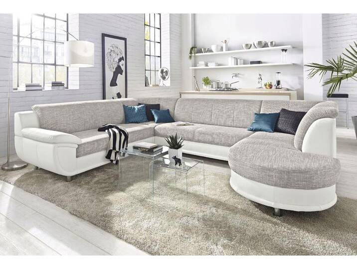 Wohnlandschaft TRENDMANUFAKTUR Rondo 3, zeitlos und modern, im Materialmix, U-Form , weiß (weiß, cappuccino), B:320cm H:85cm T:94cm, Kunstleder SOFTLUX / Struktur (77% Polyester; 23% Polyacryl);Luxus-Microfaser ALCAZAR (100% Polyester) / Feinstruktur (100% Polyester), Sofas, wahlweise für mehr Komfort mit Federkern, wahlweise mit Bettfunktion von BAUR