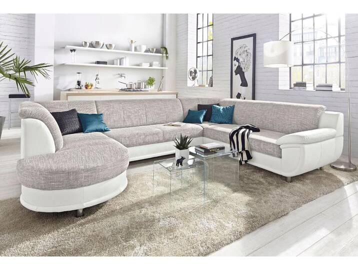 Wohnlandschaft TRENDMANUFAKTUR Rondo 3, zeitlos und modern, im Materialmix, U-Form , weiß (weiß, cappuccino), B:320cm H:85cm T:94cm, Kunstleder SOFTLUX / Struktur (77% Polyester; 23% Polyacryl);Luxus-Microfaser ALCAZAR (100% Polyester) / Feinstruktur (100% Polyester), Sofas, wahlweise für mehr Komfort mit Federkern, wahlweise mit Bettfunktion von BAUR