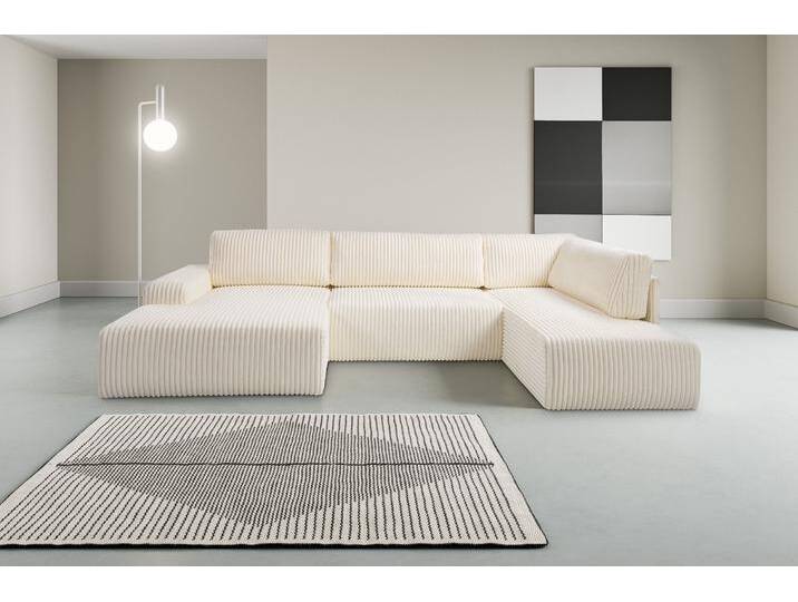 Wohnlandschaft WERK2 Rotterdam-U, U-Form, in kuschelweichem Cord oder Breitcord , beige (creme), B:325cm H:85cm T:190cm, 100% Polyester, Sofas, Design Sofa mit Schlaffunktion & Bettkasten, Breitcord, Creme von BAUR