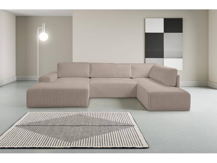Wohnlandschaft WERK2 Rotterdam-U, U-Form, in kuschelweichem Cord oder Breitcord , grau (taupe), B:325cm H:85cm T:190cm, 100% Polyester, Sofas, Design Sofa mit Schlaffunktion & Bettkasten, Breitcord, Creme von BAUR