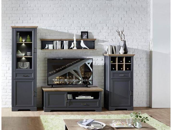 Wohnwand INNOSTYLE Jasmin , grau (graphitfarben, eichefarben), Holzwerkstoff graphitfarben (Korpus)/ MDF graphitfarben (Front)/MDF eichefarben (Absetzung), Holzwerkstoff, MDF, Kastenmöbel-Sets, inkl. LED-Beleuchtung, mit Soft-Close-Funktion von BAUR
