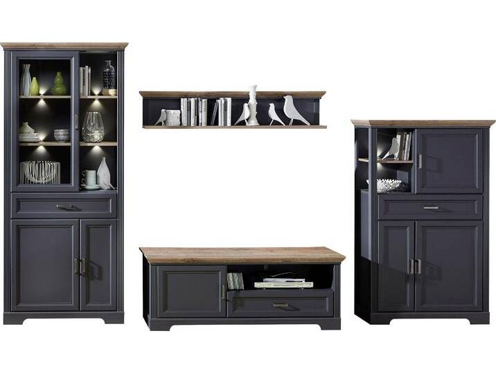 Wohnwand INNOSTYLE Jasmin , grau (graphitfarben, eichefarben), Holzwerkstoff graphitfarben (Korpus)/ MDF graphitfarben (Front)/MDF eichefarben (Absetzung), Holzwerkstoff, MDF, Kastenmöbel-Sets, inkl. LED-Beleuchtung, mit Soft-Close-Funktion von BAUR