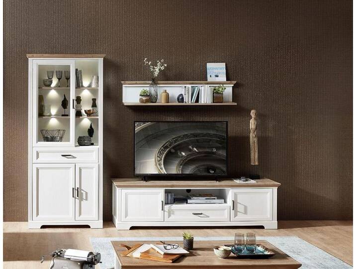 Wohnwand INNOSTYLE Jasmin , weiß (piniefarbe, weiß, eichefarben), Holzwerkstoff piniefarben-weiß (Korpus)/MDF piniefarben-weiß (Front)/MDF eichefarben (Absetzung), Holzwerkstoff, MDF, Kastenmöbel-Sets, inkl. LED-Beleuchtung, mit Soft-Close-Funktion von BAUR