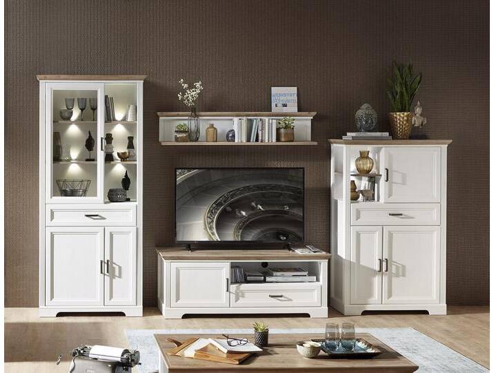 Wohnwand INNOSTYLE Jasmin , weiß (piniefarbe, weiß, eichefarben), Holzwerkstoff piniefarben-weiß (Korpus)/MDF piniefarben-weiß (Front)/MDF eichefarben (Absetzung), Holzwerkstoff, MDF, Kastenmöbel-Sets, inkl. LED-Beleuchtung, mit Soft-Close-Funktion von BAUR