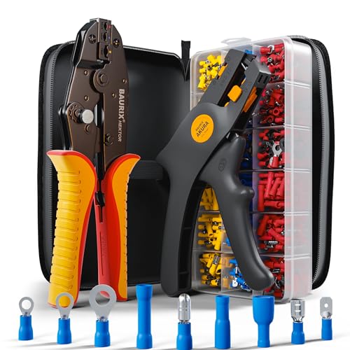 BAURIX® Crimpzange Set mit 700 Kabelschuhen & Abisolierzange – Kabelschuhzange mit einstellbarer Crimpkraft für 0,5–6 mm² – Elektriker Werkzeug – HEKTOR & AKURA von BAURIX