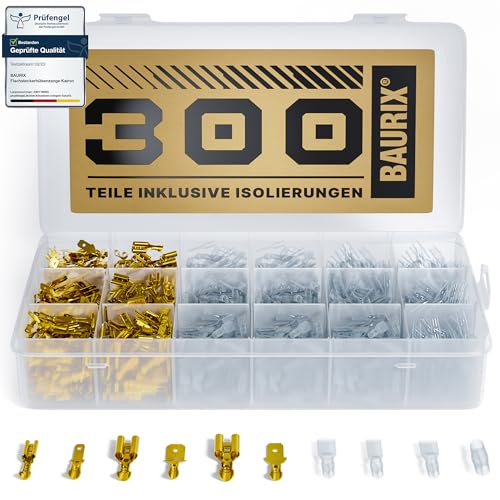 BAURIX® Flachsteckhülsen Set 300 Stück – Isolierte Kabelstecker Flachstecker Männlich & Weiblich – 2,8 mm, 4,8 mm, 6,3 mm Steckverbinder Sortiment von BAURIX
