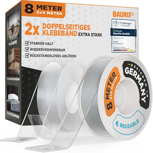 BAURIX® Nano Tape Doppelseitig [2x4m] – Starkes Klebeband für Wand, Teppich & Deko – transparent, waschbar, wiederverwendbar – ideal für DIY und professionelle Anwendungen von BAURIX