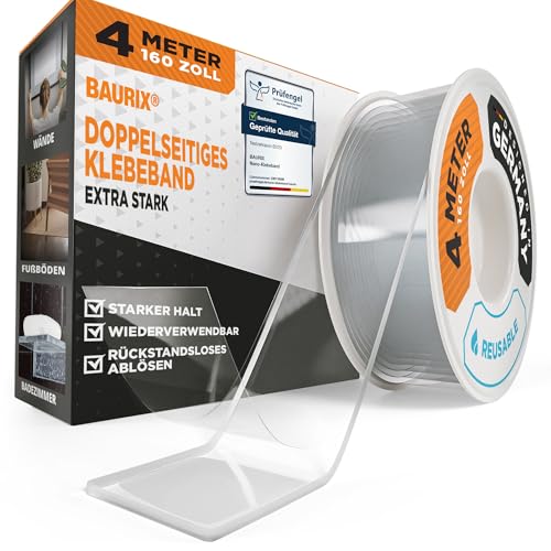 BAURIX® Nano Tape Doppelseitig [4m] – Starkes Klebeband für Wand, Teppich & Deko – transparent, waschbar, wiederverwendbar – ideal für DIY und professionelle Anwendungen von BAURIX