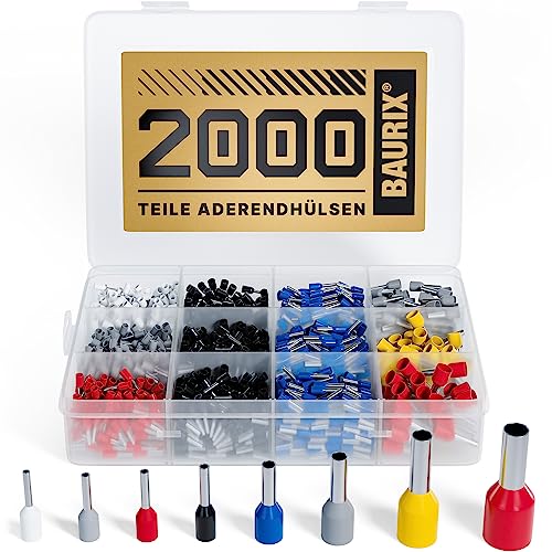 BAURIX ® 2000 Stück Aderendhülsen Sortiment I Isolierte Hülsen nach DIN 46228-4: 2020-03 I 0,5 mm² - 10 mm² I Profi Isolierhülsen Set von BAURIX