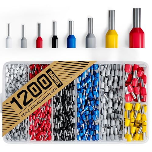 BAURIX Aderendhülsen Set 1200 Stück – Isolierte Hülsen 0,5–10 mm² für Kabel & Leitungen – Nach DIN 46228-4 – Farbcodiert Profi Sortiment von BAURIX
