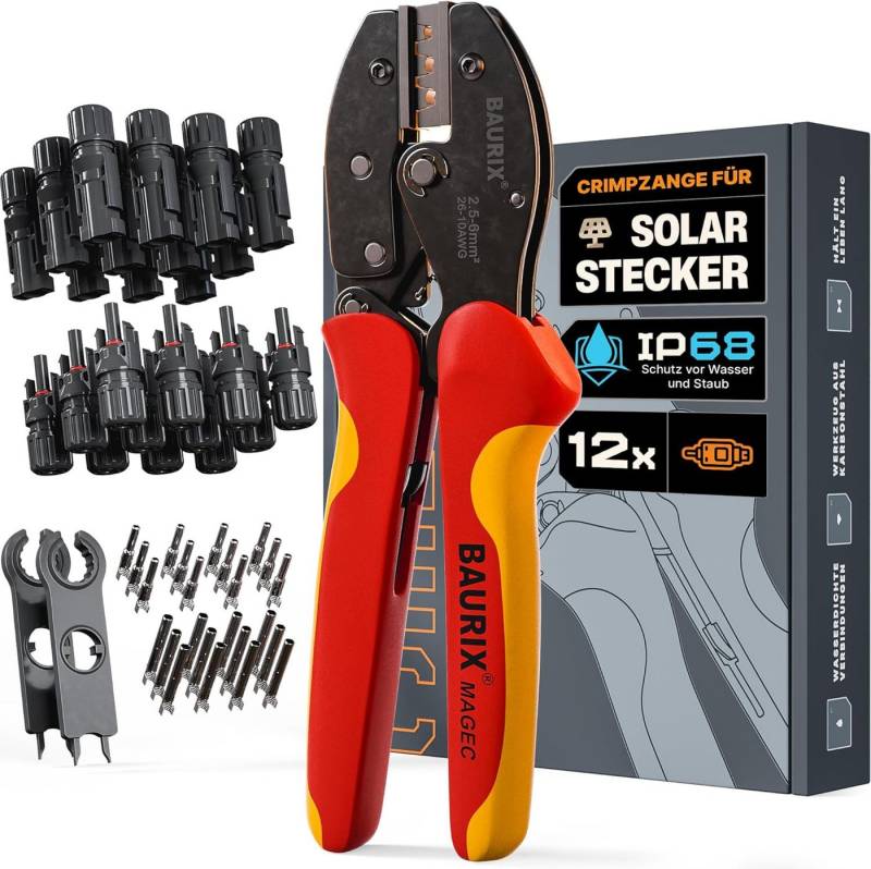 BAURIX Crimpzange Solar - Set mit 12x Solar Stecker [2,5-6mm], Solar Crimp Zange Solar PV Kabel, Solarstecker Steck-Verbinder 12-tlg., Solar Kabel, PV Solar Stecker I Solar Werkzeug, Crimpzangen, Solar Zange von BAURIX