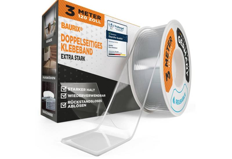 BAURIX Doppelklebeband Nano-Tape Doppelseitig I Doppelseitiges Klebeband Extra Stark (1-St) Waschbares Alien Silikon Nano-Klebeband Transparent von BAURIX